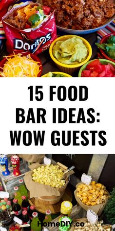 Discover 15 delicious food bar ideas for weddings, parties, and receptions. This pin uses 2 mouth-watering images, showcasing fun buffet options that your guests will love.