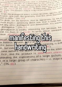 an open book with writing on it and the words manfesting this handwriting written in red