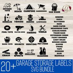 20 garage storage labels svg bundle for silhouettes and cricut cutting machines