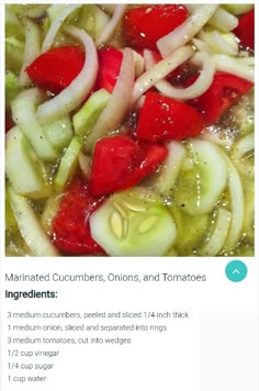 an image of sliced vegetables being cooked on the stove with text overlay that reads marinated cucumbers, onions, and tomatoes