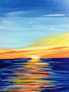 an oil painting of a sunset over the ocean with blue water and orange sky in the background