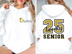 Custom Senior 2025 Sweatshirt, Graduation 2025 Hoodie, Graduation Gift, Back and front Senior Shirts, School Gifts, 2025 High School Shirts HOW TO ORDER 1 - Please check and review all listing photos. 2 - Please pick your t-shirt/sweatshirt/hoodie type and size. 3 -  Please pick your t-shirt/sweatshirt/hoodie color. 4 - Select the quantity. 5 - Click add to cart. 6 - Please click "Continue to Payment". PRODUCT INFORMATION ⭐ We have a size chart on our listing photos ⭐ All our simple color ones like White and Black are 100% Cotton ⭐ All our Heather Colors are cotton/polyester blend and they are super comfy soft! ⭐ Soft and High-Quality Fabric ⭐ Sueded Jersey ⭐ Pre-shrunk ⭐ Taped shoulder-to-shoulder ⭐ Tear away label ⭐ Side Seamed ⭐ Retail fit CARE INSTRUCTIONS ⭐ Inside out, wash with a del Senior Hoodies, Senior Sweatshirts, Senior Year Of High School, Senior Shirts, Senior Gifts, Beckham Jr, Senior Night, Graduation Ideas, Night Shirt