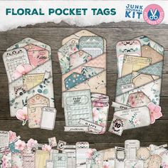 the floral pocket tags are on display in front of a wooden background with flowers and hearts