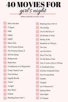 the 40 movies for girls night list is shown in pink and black with text overlay