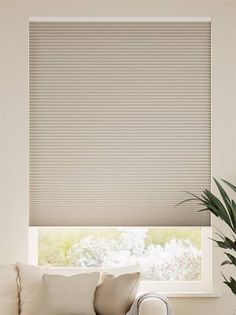 a living room with a white couch and window coverings that are made from cellular shades