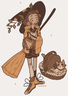 a drawing of a woman with a cat in a basket and an umbrella over her head