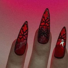 Nail Gothic Ideas, Black Red Nail Art, Gothic Spring Nails, Black And Red Stiletto Nails, Satanic Nails, Cathedral Nails, Gothic Nail Ideas, Red And Black Nail Art, Goth Nail Art