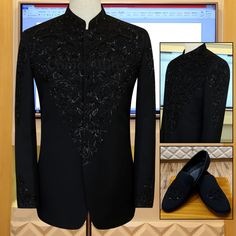 Description Black embellishment on black tropical fabric, used to customized this Prince Coat with same fabric shoes for unique look and personality. Prince Court For Men Wedding, Waistcoat Men Wedding Pakistani, Prince Coat For Men Wedding, Black Prince Coat For Men, Prince Coat Wedding Pakistani, Prince Coat Wedding Pakistani Men, Jodhpuri Suits For Men Wedding Royal, Prince Coat For Men