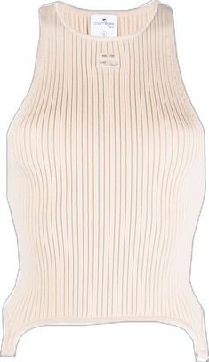 Spring Ribbed High Neck Tank Top, Beige Fitted Sleeveless Top, Spring High Neck Ribbed Tank Top, Chic Beige Ribbed Tank Top, Elegant Ribbed Tank Top, Chic Ribbed Fitted Vest, Fitted Beige Crew Neck Tank Top, Chic High Neck Ribbed Tank Top, Fitted High Neck Ribbed Tank Top