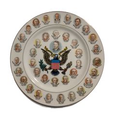 a white plate with an image of presidents on the front and sides, all in different colors