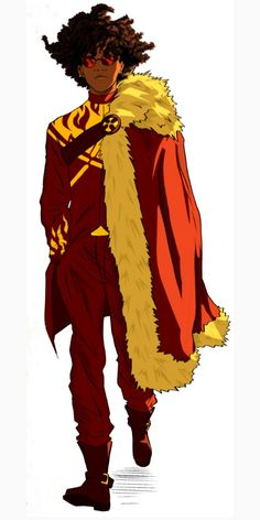 a drawing of a man in a red and yellow outfit with fur on his head