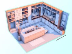 an image of a room that is in the shape of a closet with clothes on shelves