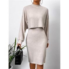 -Item Id 12546492 -Details: Rib-Knit -Neckline: Stand Collar -Sleeve Length: Long Sleeve -Sleeve Type: Drop Shoulder -Style: Casual -Color: Apricot -Pattern Type: Plain -Top Type: Tee -Bottom Type: Skirt -Dresses & Tops Material: Fabric -Dresses & Tops Composition: 67% Polyester, 29% Viscose, 4% Elastane -Temperature: Spring/Fall (18-25/63-77) -Fit Type: Regular Fit -Fabric: Medium Stretch -Care Instructions: Machine Wash, Do Not Dry Clean -Sheer: No **Open To Offers!!!** **Bundle To Save More** Midi Dress Bodycon Outfit, Hourglass Figure Outfits Casual, Midi Rok Outfit, Midi Rock Outfit, Wide Strap Dress, Hole Dress, Apricot Clothing, Chique Outfit, Drop Shoulder Top