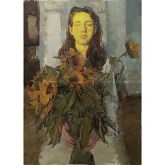 a painting of a woman with sunflowers in her hands