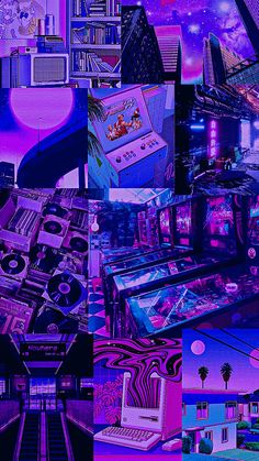 a collage of images with various electronic devices and buildings in purple, blue, and pink hues