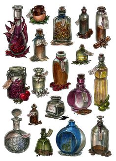 an image of various bottles and jars with labels on the bottom one is full of different things