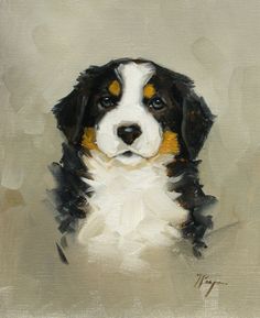 a painting of a black and white puppy