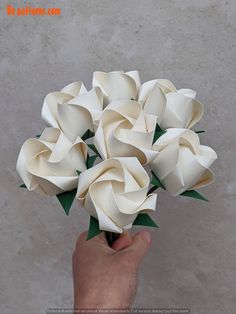 a hand holding a bouquet of white flowers on top of a cement floored wall