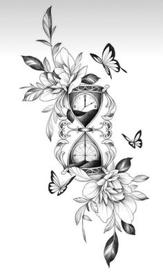 an artistic tattoo design with flowers and clocks on the back of its arm, in black and white