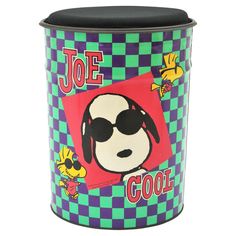 a canister with a dog wearing sunglasses and the words joe goof on it