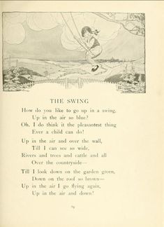 an old book page with a drawing of a boy swinging on a swing in the air