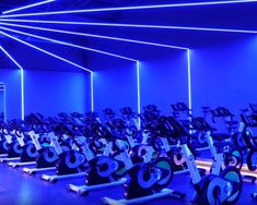 rows of exercise bikes in a gym with blue lights on the walls and flooring