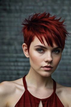 A sleek, chin-length bob styled with the ends slightly curled inward, creating a soft Hair Color Pixie Cut, Red Hair Looks, Short Choppy Haircuts, Short Spiked Hair, Funky Short Hair, Short Red Hair, Short Spiky Hairstyles, Short Hair Images, Textured Layers