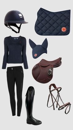 horse riding gear including boots, hat and saddle