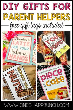 different gifts for parent helpers with the text, free printables and instructions