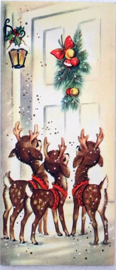 an old fashioned christmas card with three reindeers in front of a wreath and door