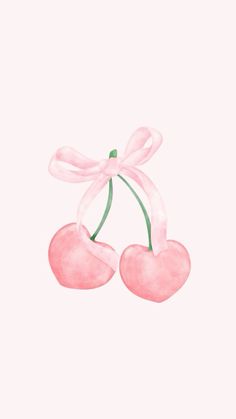 two pink cherries tied with a ribbon on top of each other in the shape of hearts