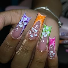 Hand Art Nails, Long Nails Nail Art, Island Acrylic Nails, Nails Different Hands, Design Cool Ongles, Dope Nails Summer, Nails Ideas Medium, Tropical Nails Acrylic, Cute Nail Sets