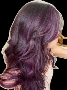 Plum Purple Hair, Isabella Valencia, Purple Highlights Brown Hair, Purple Hair Streaks, Purple Brown Hair, Aesthetic Note, Skunk Hair, Dark Purple Hair