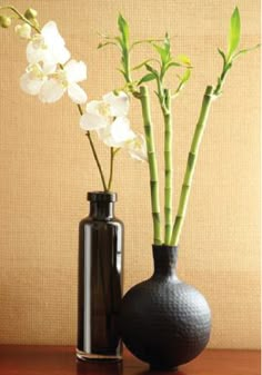 two black vases with white flowers in them