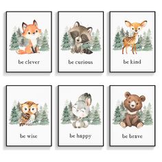 four cards with animals and words on them