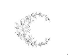 the letter c with flowers and leaves drawn in black ink on a white paper background