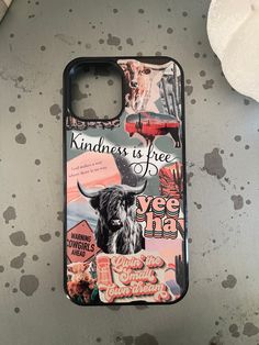 a cell phone case with an image of a cow and other things on the back