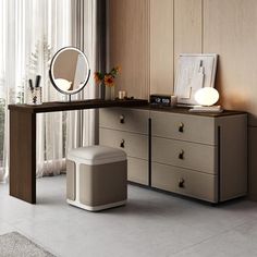 an elegant dressing table with mirror, stool and lamp in a modern style bedroom setting