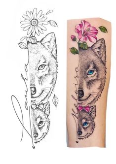 an arm tattoo with two wolfs and flowers on it