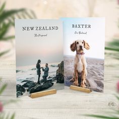 two new zealand book covers with a dog on the front and an image of a man holding a woman's hand