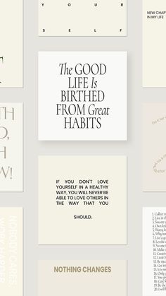 several different types of cards with the words,'good life is birth from great habitts '