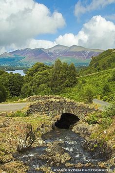 a small stone bridge over a stream in the middle of a lush green valley with mountains in the background