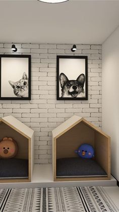 there are two pictures on the wall with cats in them and one is inside a dog house