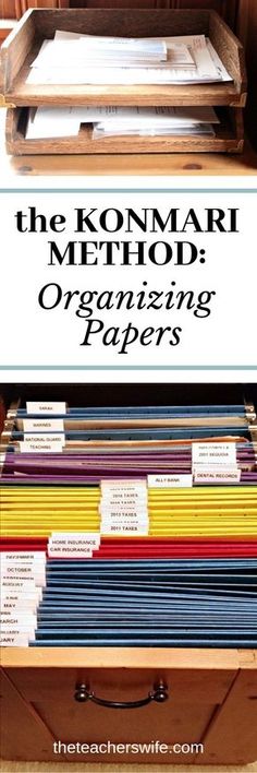 the konmari method organizing papers in an organized drawer with text overlay