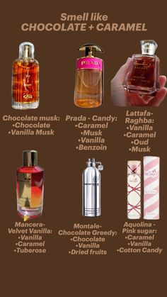 Love them all 🍫💝 Chocolate Smelling Perfume, Perfumes That Smell Like Chocolate, Caramel Scented Perfume, Chocolate Scented Perfume, Chocolate Perfume For Women, How To Smell Like Caramel, Perfume Pairing, How To Smell Like Chocolate, How To Layer Perfume