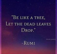 a quote that reads, be like a tree let the dead leaves drop rumi