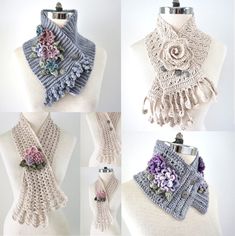 four pictures of different crocheted scarves on mannequins with flowers