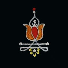 a black background with an orange and white flower on it's side, in the middle