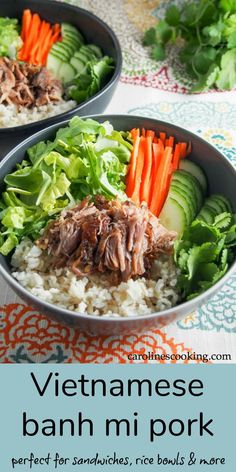 two bowls filled with meat and veggies on top of rice