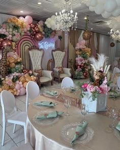 a banquet room set up for a baby's first birthday with balloons and flowers